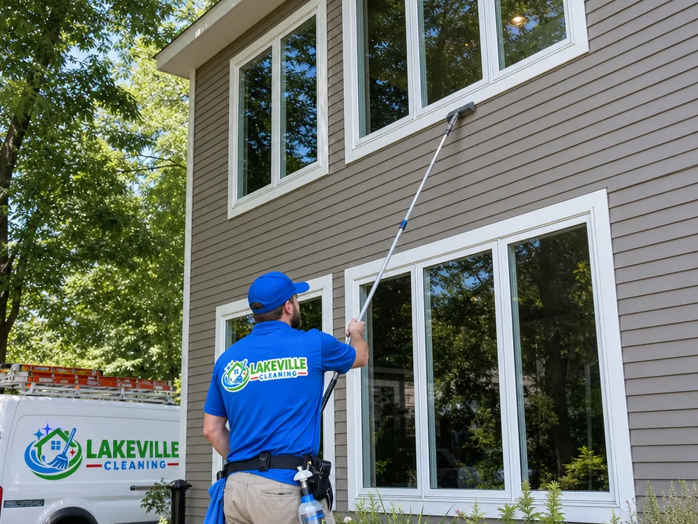Clean exterior windows on a two-story Lakeville home with no drip lines