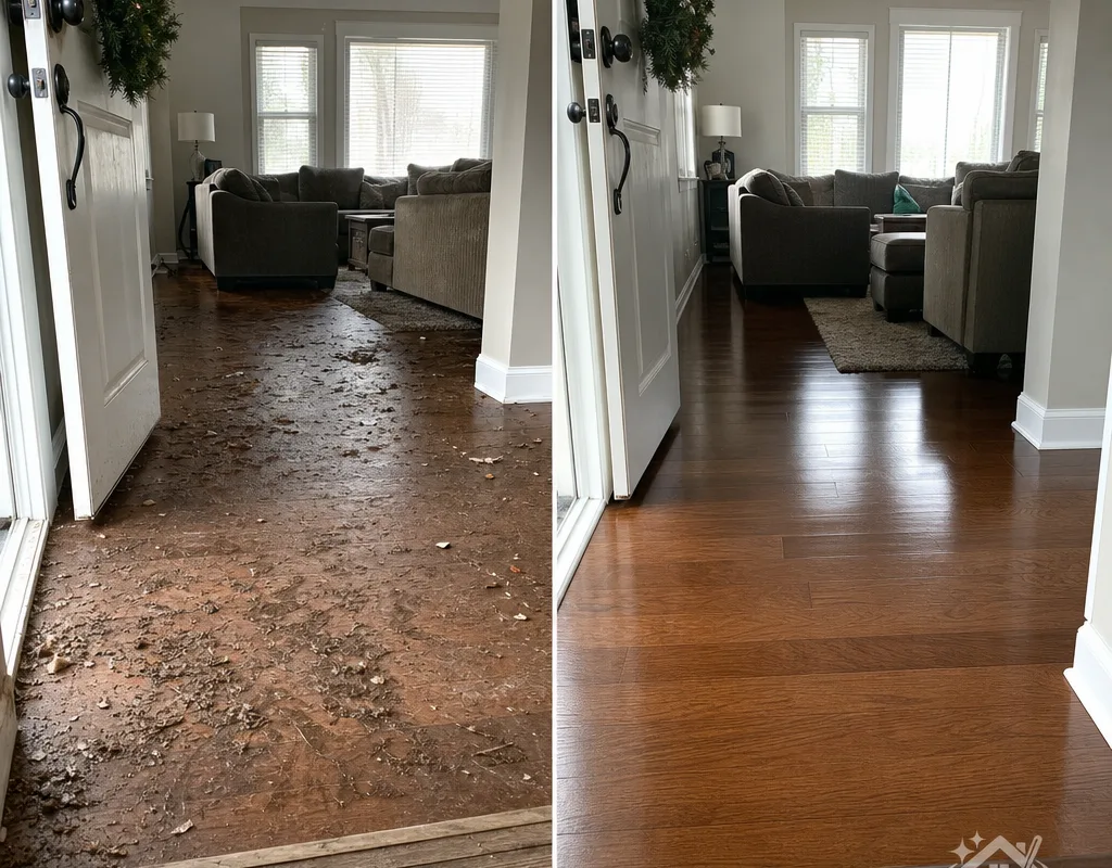 Before-and-after entryway and living room floors with tracked-in debris removed and floors cleaned evenly