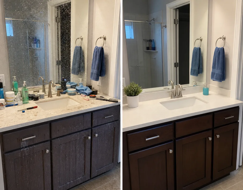 Before-and-after bathroom vanity and mirror with clutter and water spots removed and fixtures polished
