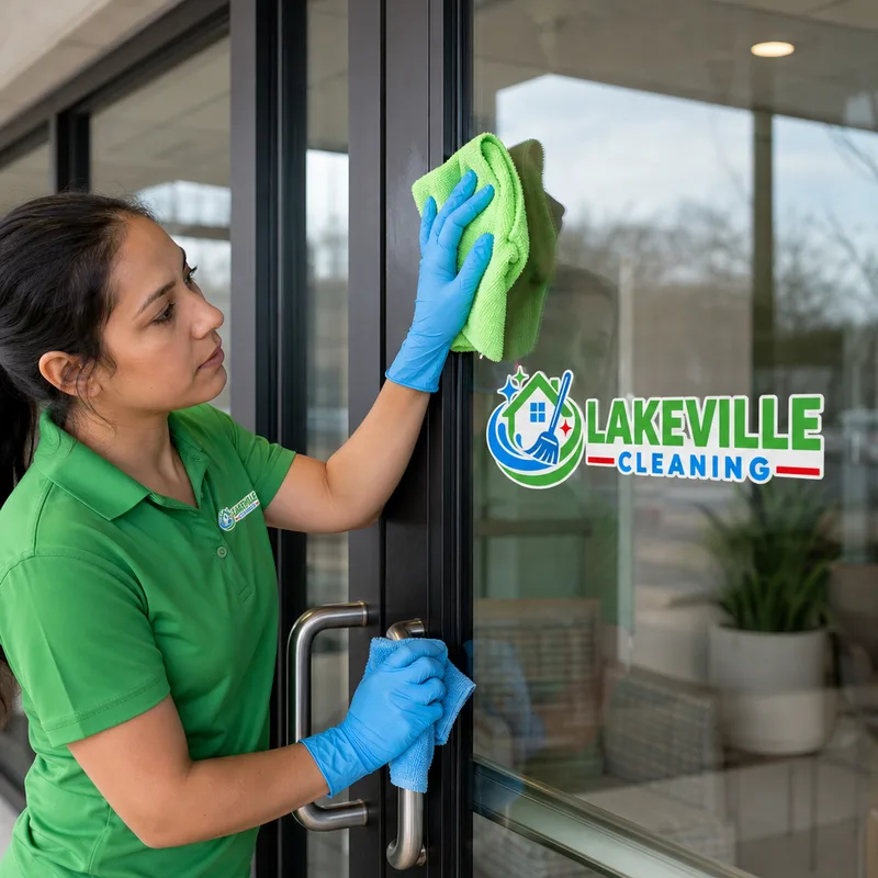 Cleaner removing fingerprints from a glass entry door and adjacent sidelights in a commercial lobby