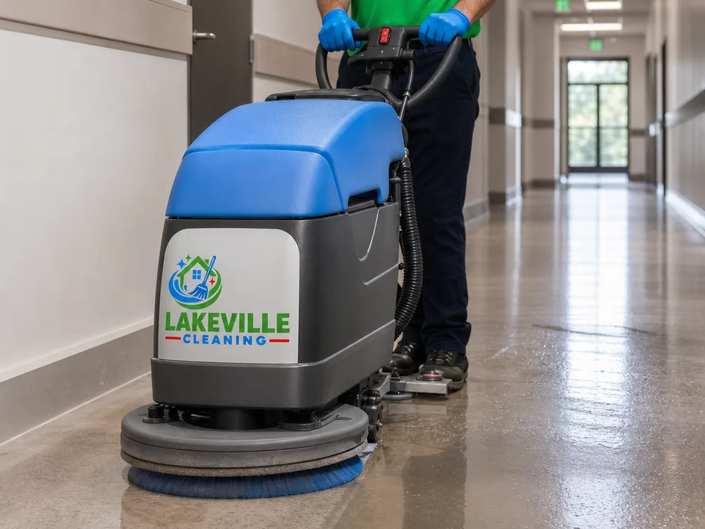 Auto-scrubber cleaning a commercial hallway hard floor with a visible clean path, controlled moisture, and full pad contact