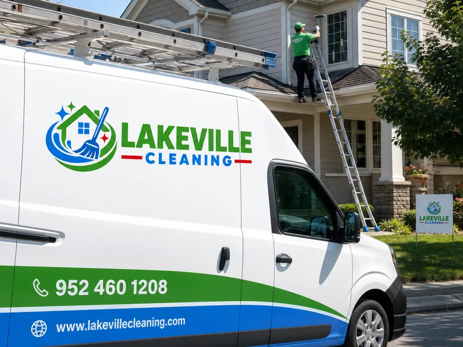 Technician positioned on a ladder while cleaning a second-story window