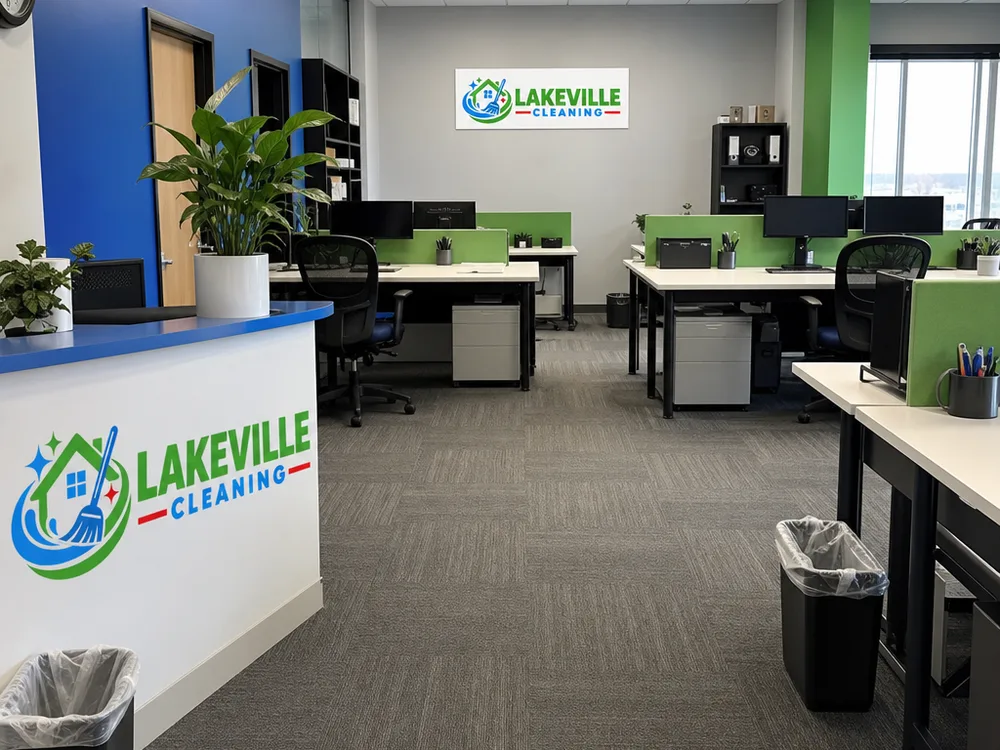 Clean open office with arranged desks, vacuumed carpet, and waste bins with fresh liners